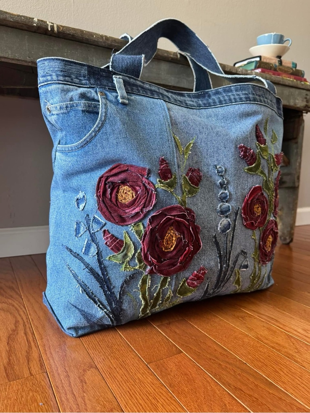 Handcrafted “Rose Garden” Denim Oversized Tote - Picture 2 of 16